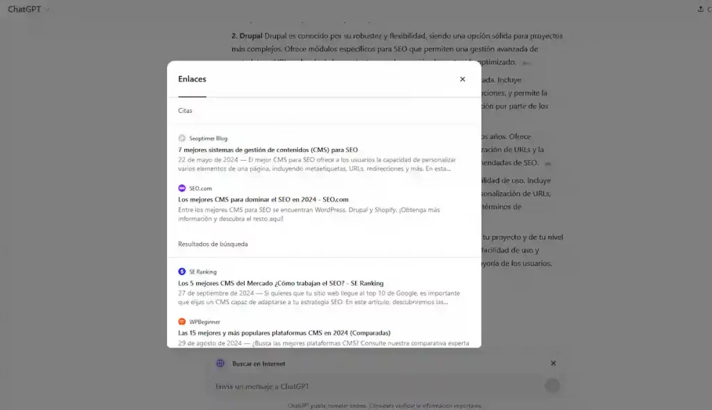 Caja de enlaces en SearchGPT