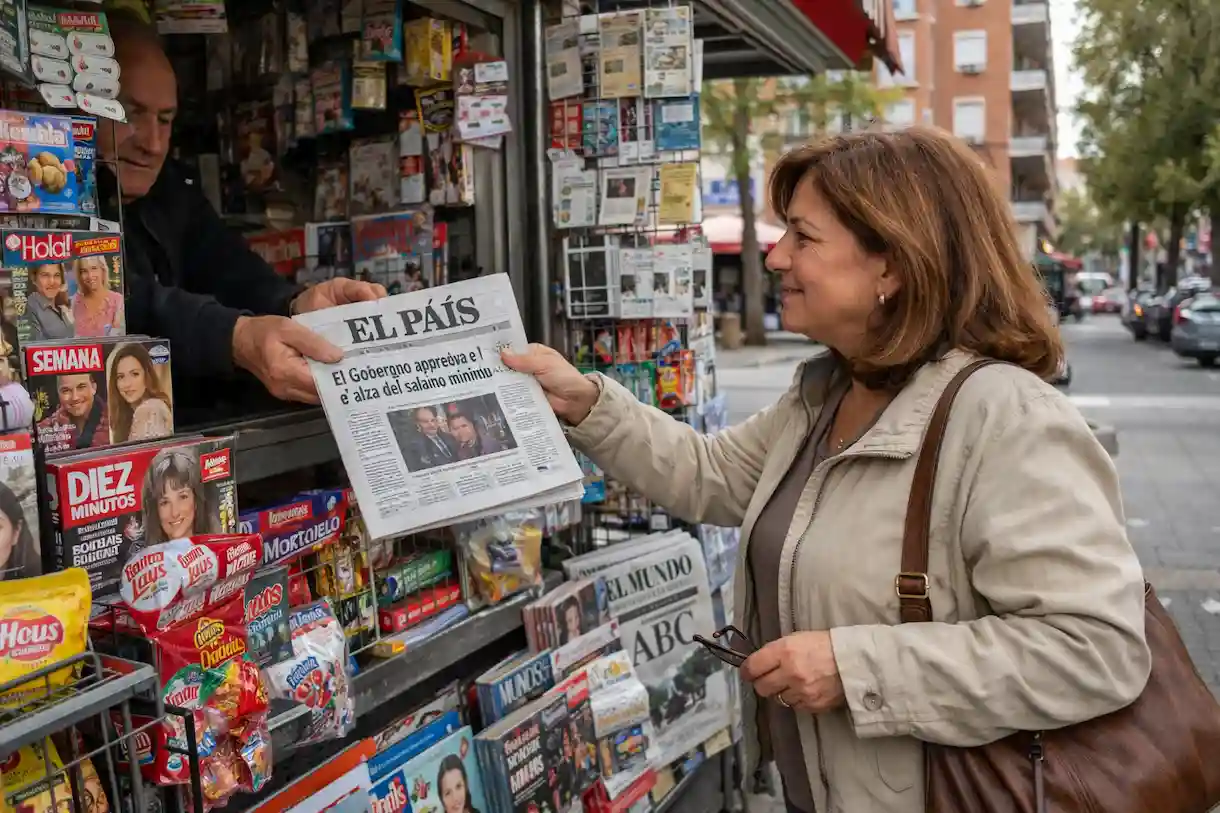 Mujer comprando periódico en el kiosko (generado por IA)